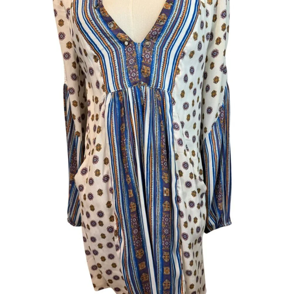 Free People Boho Mini swing dress,  Blusson  sleeves, pockets Size XS